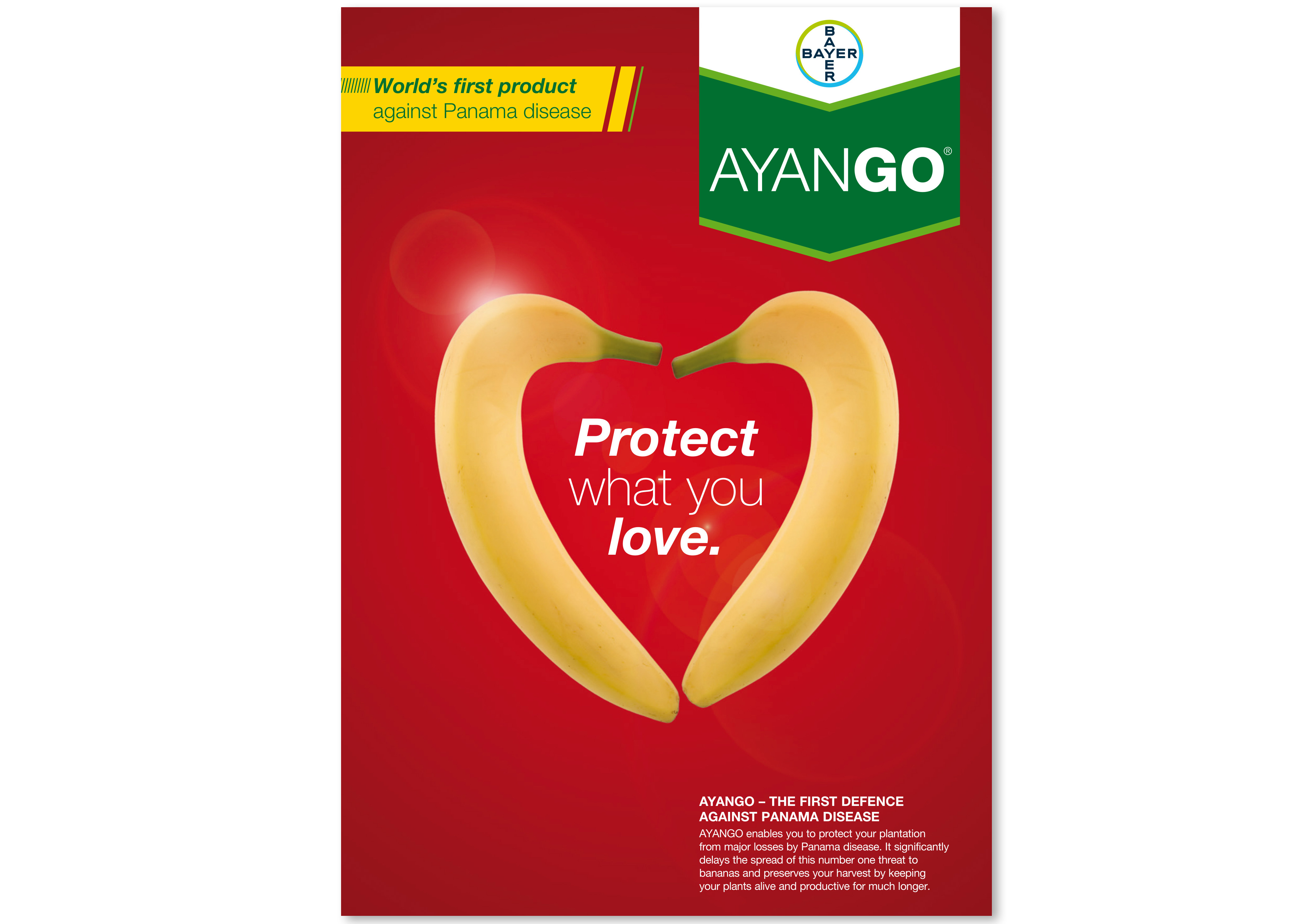 Bayer AYANGO campaign: two bananas forming a heart with the headline Protect what you love