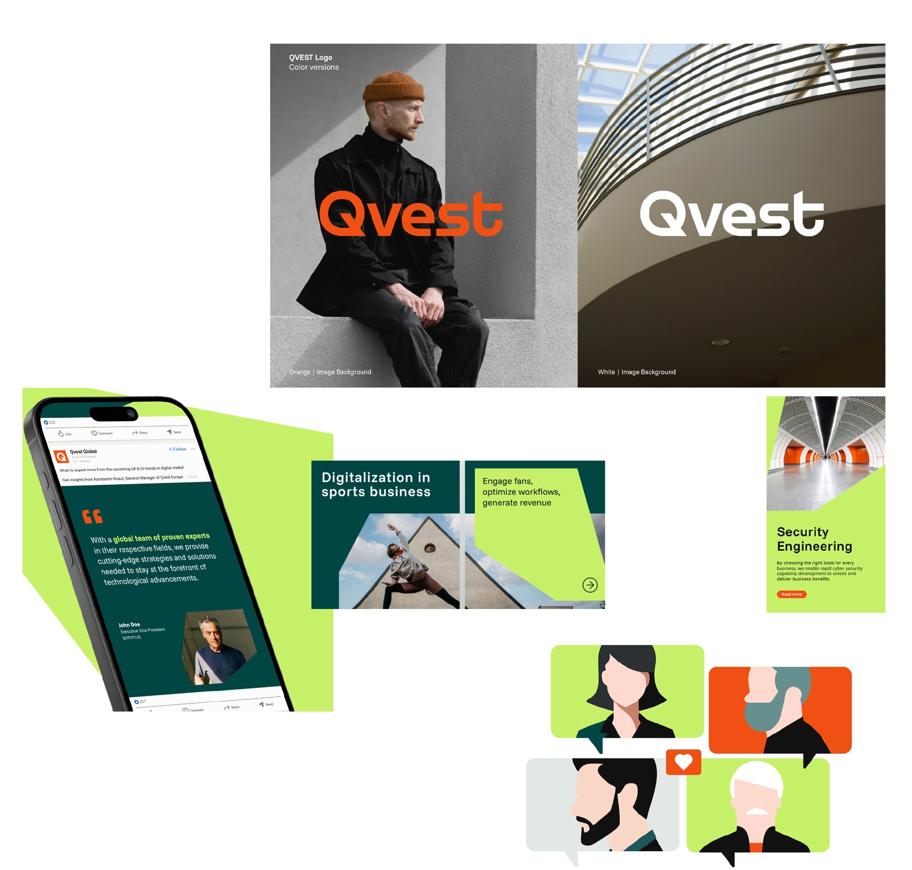 Selected QVEST brand implementation work including logo applications, social media and brand assets
